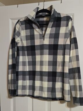 Lands' End Women's Black Gray & Cream Plaid Quarter-Zip Pullover